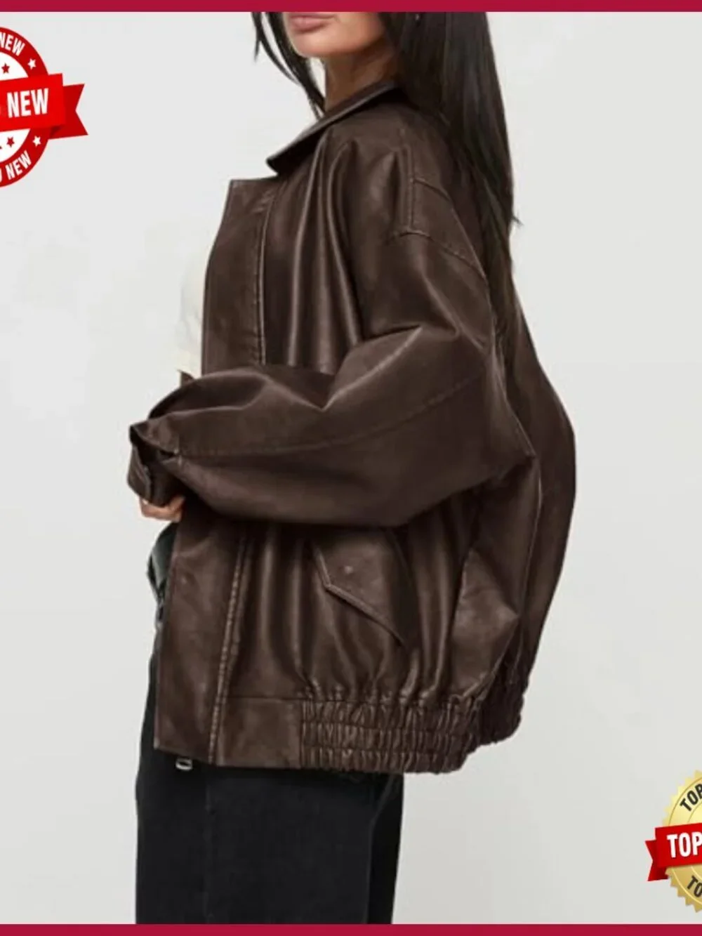 Faux Leather Motorcycle Jacket Oversized Zip Up Winter Coat Women's Outerwear - Picture 3 of 7
